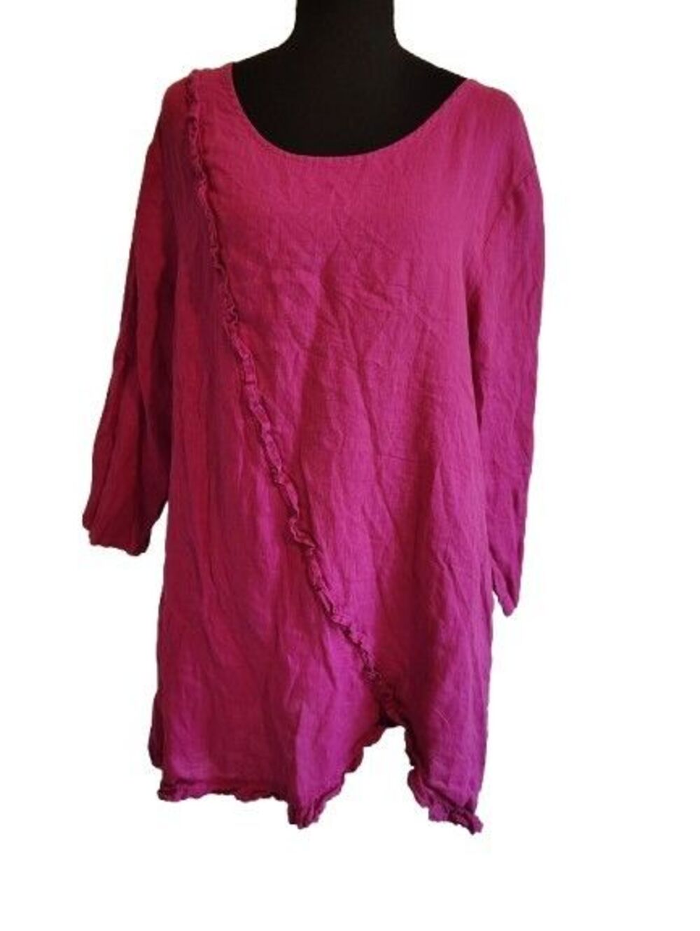 Match Point Linen Tunic Top L Magenta Hot Pink Ruffle Asymmetrical Hem USA